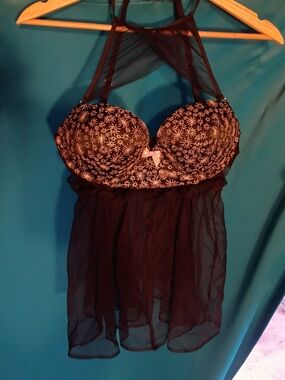 Victoria's Secret Black Sheer Babydoll with White Starburst Cups